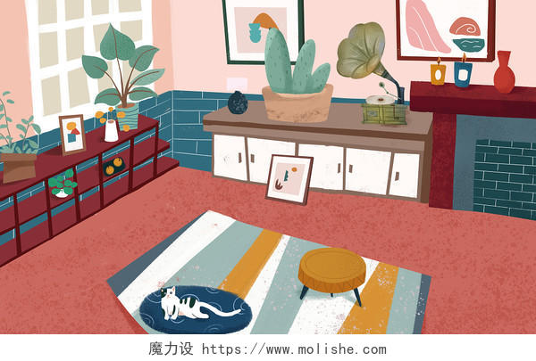 女孩在客厅沙发休息惬意午休养猫场景PS插画素材家居